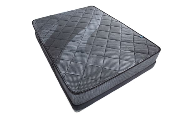 Synergy 10'' Queen Firm Low Profile Mattress Set with quilted dark gray cover, breathable foam layers, and individually wrapped coil support for firm comfort.
