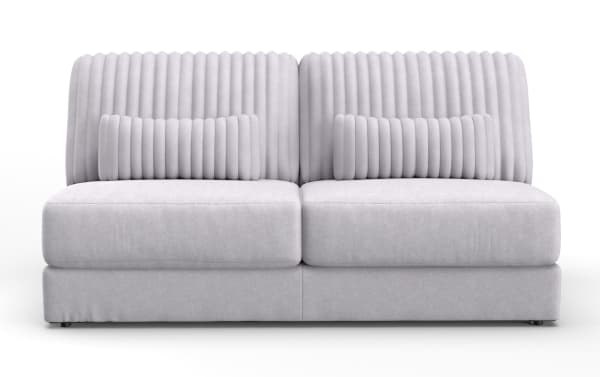 Sofia Gray Armless Loveseat in soft gray polyester fabric, contemporary style with vertical channel tufted back cushions and gel memory foam seating.