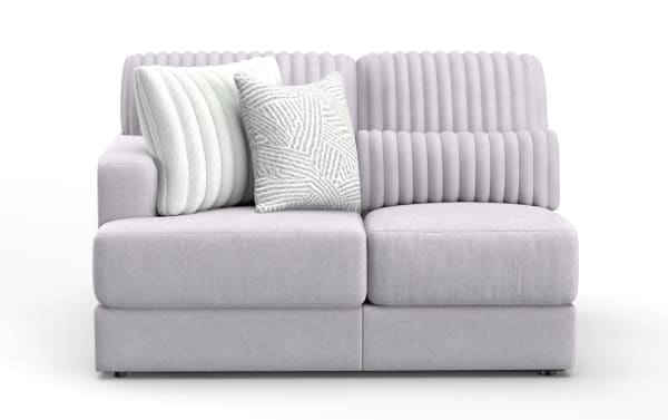 Sofia Gray Left Arm Facing Loveseat in soft gray polyester fabric with plush gel memory foam cushions, featuring vertical channel tufted backrest from the contemporary Sofia collection.