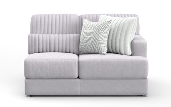 Sofia Gray Right Arm Facing Loveseat in soft gray polyester fabric with gel memory foam, featuring plush vertical channel tufting and contemporary design.