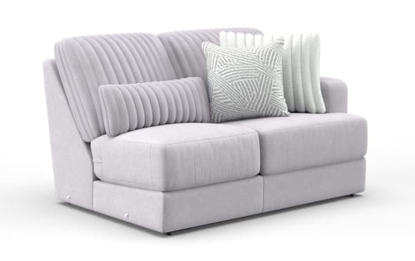 Sofia Gray Right Arm Facing Loveseat in soft gray polyester fabric, contemporary style with plush gel memory foam cushions and vertical channel tufting.