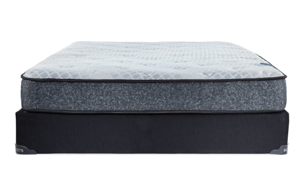 Charm 8.5'' Twin Plush Standard Mattress Set with quilted knit cover, gray hybrid mattress, gel memory foam, and black foundation from Charm collection.