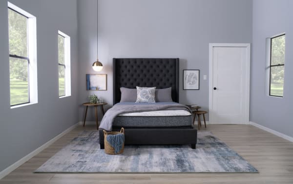Modern bedroom featuring a Charm 8.5'' Twin Plush Standard Mattress Set with dark gray tufted upholstered bed frame, layered foam and coil support, breathable quilted knit cover, and a neutral blue-gray rug on light wood flooring.