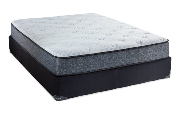 Charm 8.5'' Twin XL Plush Standard Mattress Set with quilted knit cover, gray hybrid mattress, black foundation, and Bob-O-Pedic Gel Memory Foam layers.