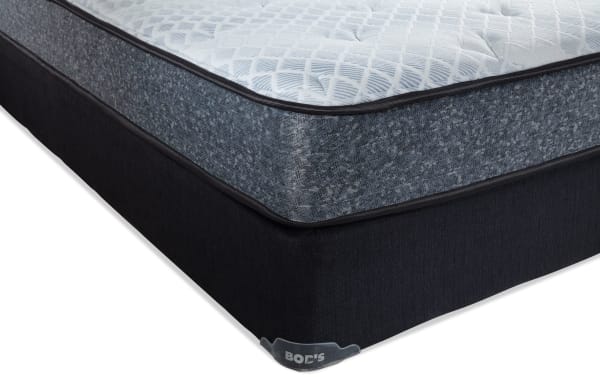 Charm 8.5'' Twin XL Plush Standard Mattress Set with quilted knit cover, antimicrobial fiber, blue-gray hybrid mattress, and black foundation from the Charm collection.