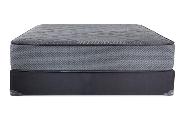 Synergy 10'' Queen Firm Standard Mattress Set by Bob-O-Pedic with gray patterned top, dark gray base, gel memory foam, and individually wrapped coil support.