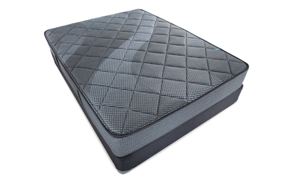 Synergy 10'' Queen Firm Standard Mattress Set with quilted gray top, breathable foam layers, gel memory foam, and individually wrapped coil support for comfort and temperature regulation.
