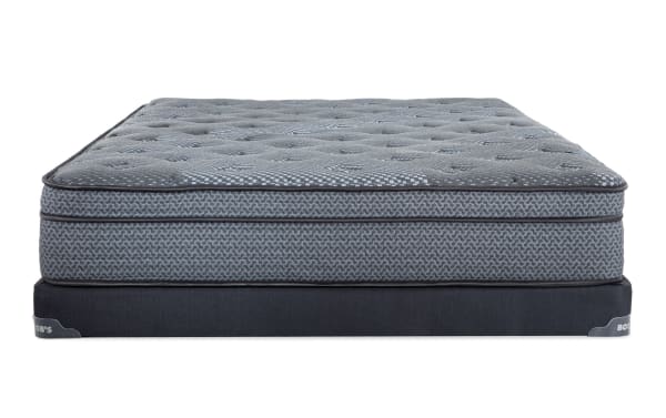 Synergy 11'' Full Plush Low Profile Mattress Set by Bob-O-Pedic, featuring gray plush quilted top, breathable foam layers, and black supportive base.