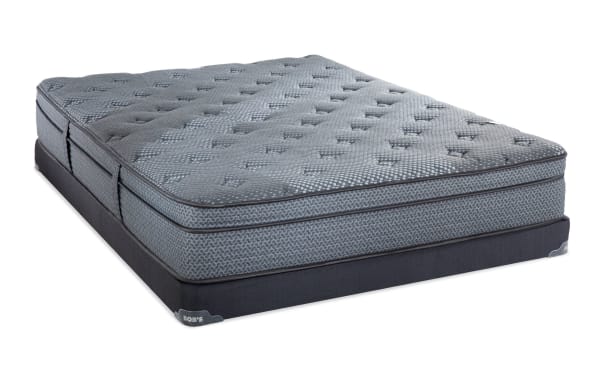 Synergy 11'' Full Plush Low Profile Mattress Set by Bob’s, gray patterned fabric with quilted top, gel memory foam, and wrapped coil support for comfort.