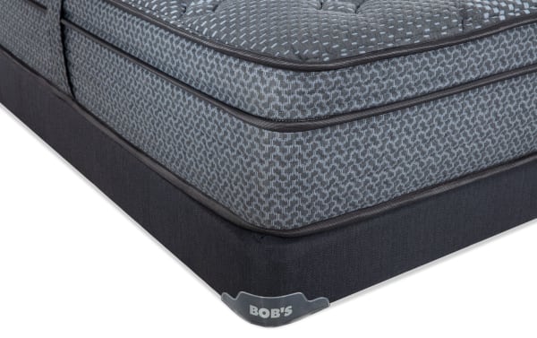 Synergy 11'' Full Plush Low Profile Mattress Set from Bob’s, featuring a gray patterned plush top, dark gray base, and durable fabric cover for comfort and support.