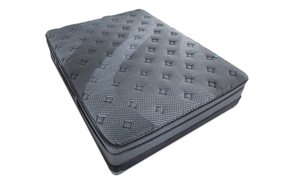 Synergy 11'' Full Plush Low Profile Mattress Set in dark gray with quilted top, individually wrapped coil support, and gel memory foam layer for comfort and cooling.