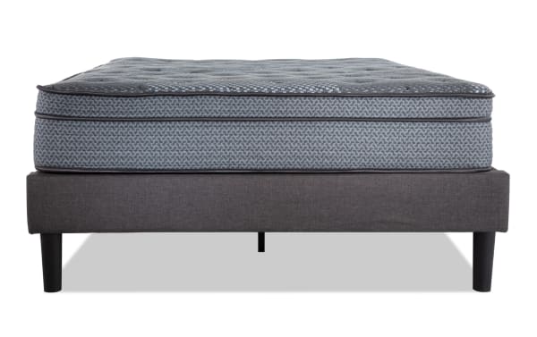 Synergy 11'' Full Plush Universal Mattress Set with gray patterned plush top, dark gray upholstered base, and black tapered legs for sturdy support.