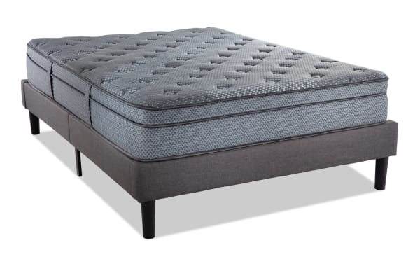 Synergy 11'' Full Plush Universal Mattress Set with gray patterned plush top, gel memory foam layer, and individually wrapped coil support on gray upholstered foundation.