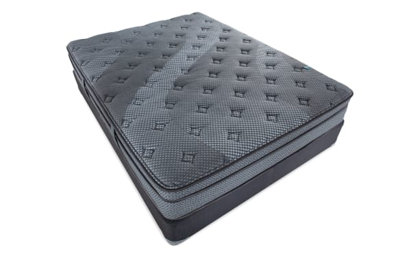 Synergy 11'' Full Plush Standard Mattress Set in gray with quilted top, gel memory foam lumbar layer, and individually wrapped coil support.