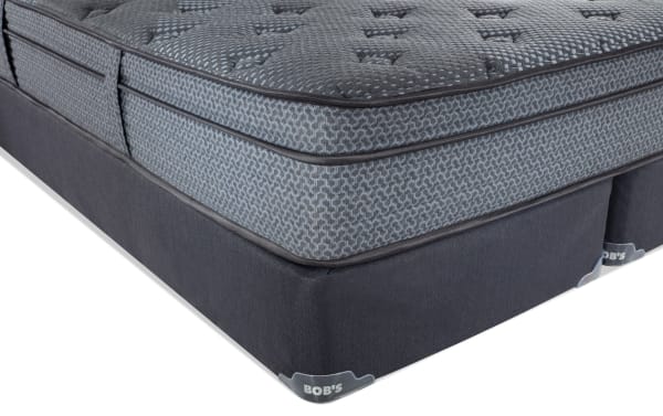 Synergy 11'' King Plush Split Standard Mattress Set with gray patterned top, dark gray base, and Bob's branded corner tags, featuring plush comfort layers and individually wrapped coil support.