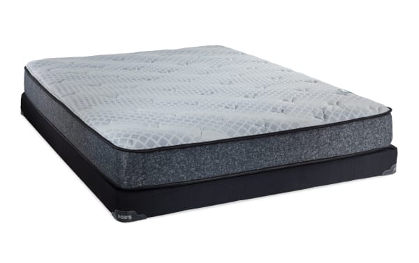 Charm 8.5'' Twin Plush Low Profile Mattress Set from Bob’s Charm collection, featuring a quilted knit cover, gray plush top, and black foundation base.