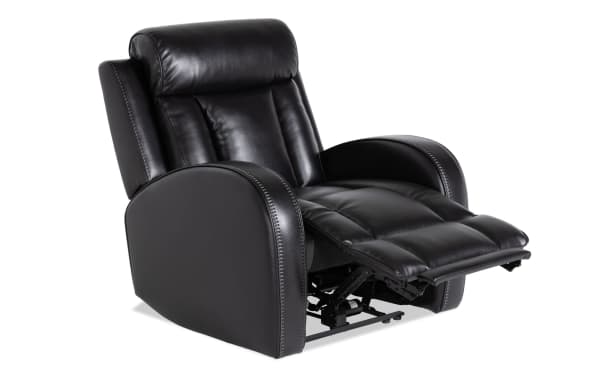 Tuxedo Black Power Recliner with Power Headrest in black faux leather upholstery, contemporary style, featuring plush padded cushions and wide armrests.