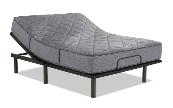 Power Bob Essential Base with Synergy 10'' Queen Firm Mattress in gray, featuring adjustable base with head-up motion, wired remote, gel memory foam, and individually wrapped coils for support and comfort.