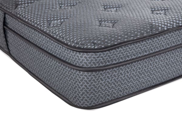 Power Bob Elite Base with Synergy 11'' Twin Plush Mattress featuring gray patterned fabric, plush quilted top, and reinforced edge support for enhanced comfort and durability.