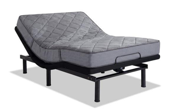 Adjustable Power Bob Ultra Base with Synergy 10'' Queen Firm Mattress featuring gray quilted fabric, gel memory foam, and individually wrapped coil support for enhanced comfort and airflow.