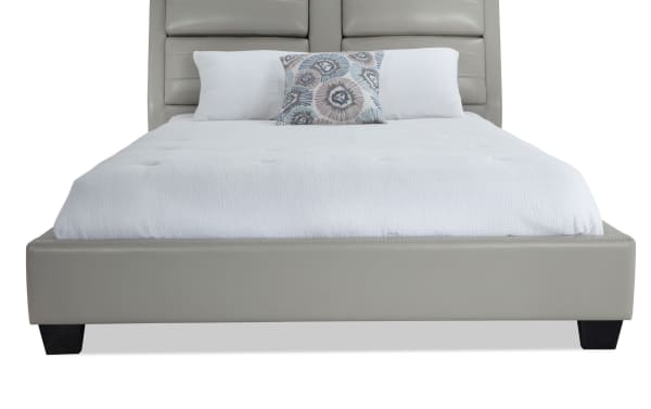 Alpha King Gray Upholstered Platform Bed in contemporary style with gray faux leather, built-in speakers, lighting, and wireless charging.