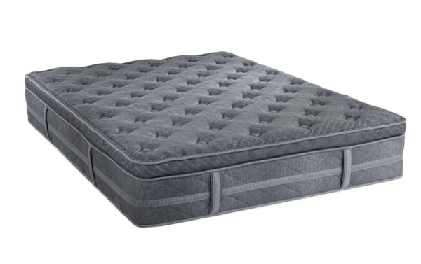 Treasure 12.5'' Queen Pillow Top Plush Mattress in gray with quilted knit cover, plush pillow top, and reinforced edge support from the Treasure collection.