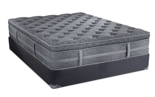 Treasure 12.5" Twin Pillow Top Plush Mattress Set by Bob’s, gray quilted knit cover, plush pillow top, breathable gel-infused foam layers, and firm edge support.