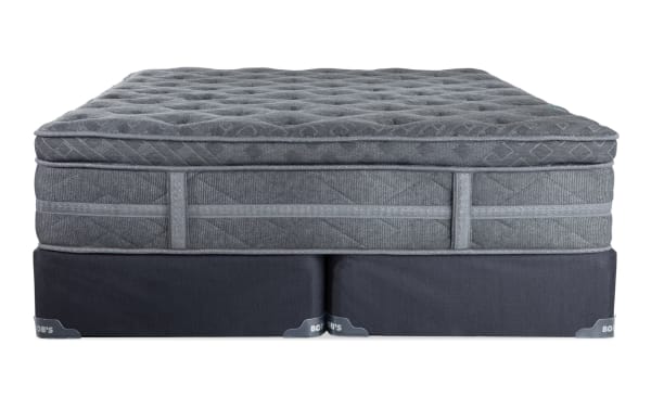 Treasure 12.5" King Pillow Top Plush Split Standard Mattress Set by Bob-O-Pedic, gray quilted knit cover, plush pillow top, split base for support and durability.