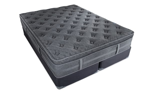 Treasure 12.5'' King Pillow Top Plush Split Standard Mattress Set in dark gray with quilted knit cover, gel-infused foam, and wrapped coil system for plush support.