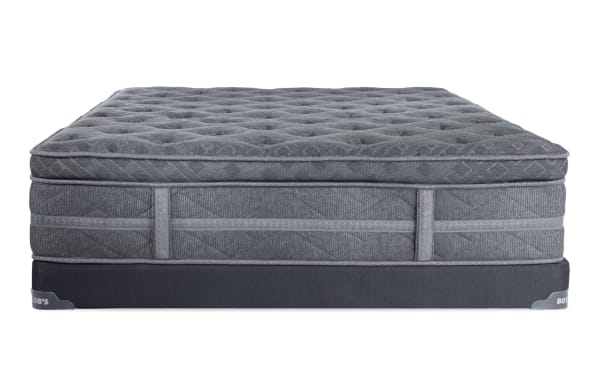 Treasure 12.5" Twin Pillow Top Plush Low Profile Mattress Set in gray with quilted knit cover, gel memory foam, and firm edge support by Bob's.