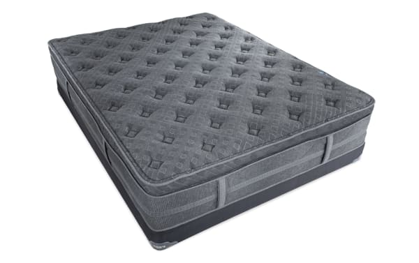 Treasure 12.5'' Twin Pillow Top Plush Low Profile Mattress Set in dark gray with quilted knit cover, plush pillow top, and reinforced edge support.