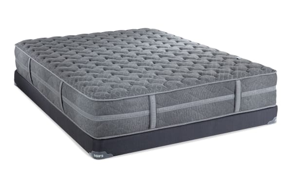 Treasure 11.5" Twin XL Extra Firm Low Profile Mattress Set by Bob's, gray quilted knit cover, gel-infused foam, memory foam, wrapped coils, firm edge support.