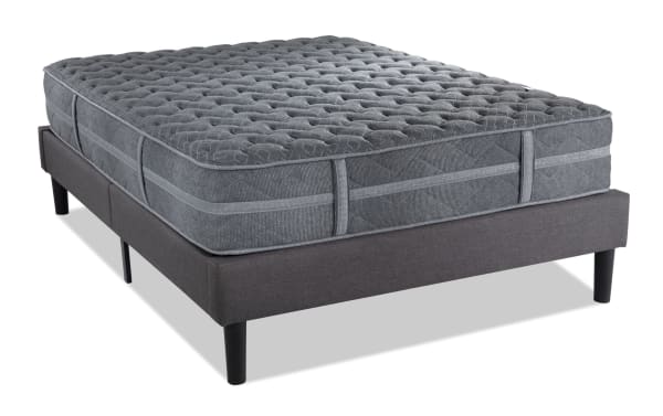 Treasure 12.5'' Twin Pillow Top Plush Mattress Set in gray with quilted knit cover, plush pillow top, and sturdy black legs, part of My Treasure® collection.