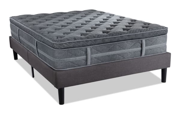 Treasure 11.5'' Full Cushion Firm Universal Mattress Set in dark gray, featuring quilted knit cover, gel-infused foam, memory foam, and wrapped coil support for firm, breathable comfort.