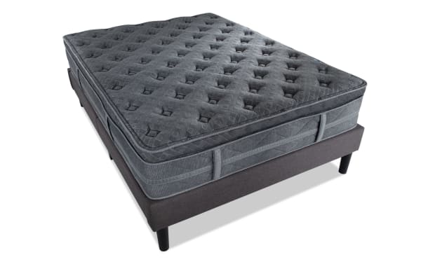 Treasure 11.5'' Full Cushion Firm Universal Mattress Set in dark gray with quilted knit cover, gel-infused foam, memory foam, and firm coil support.
