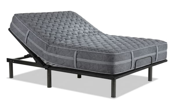 Power Bob Essential Base with Treasure 11.5'' Queen Extra Firm Mattress featuring adjustable white mattress with quilted knit cover, gel memory foam, and wired remote base with head-up motion.