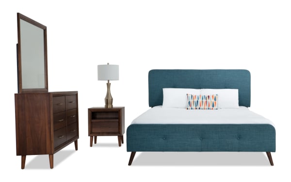 Bettie 4 Piece Queen Bedroom Set in teal fabric upholstery with mid-century modern style, featuring a platform bed, dresser with mirror, nightstand, and brass hardware. Made from MDF, veneers, and polyester fabric, this retro-chic blue bedroom set showcases sleek tapered legs and clean lines from the Bettie Bedroom collection.