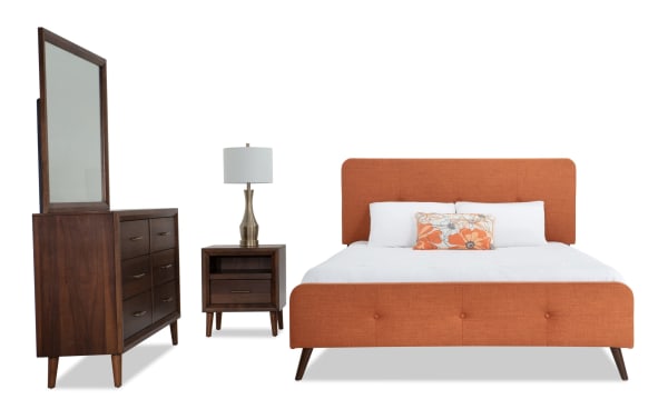 Bettie 4 Piece Twin Russet Upholstered Platform Bedroom Set in mid-century modern style with russet polyester fabric, MDF, veneers, brass hardware, and sleek wooden legs.