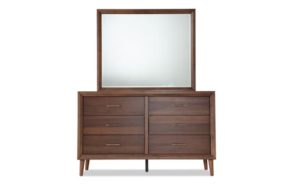 Mid-century modern Bettie 4-piece twin bedroom set in russet brown with brass hardware, MDF veneers, and polyester fabric upholstery.