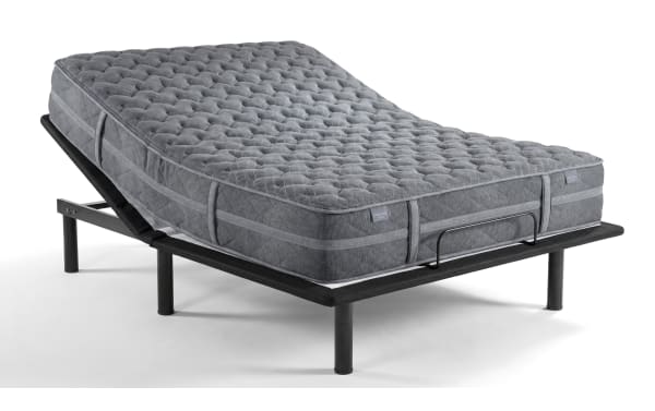 Power Bob Essential Base with Treasure 11.5'' Queen Dual Mattress featuring adjustable white quilted knit cover, gel-infused foam layers, and wired remote control.