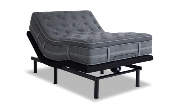 Power Bob Elite Base with Treasure 12.5'' Queen Pillow Top Plush Mattress featuring quilted knit cover, gel-infused foam, memory foam, and adjustable base with USB ports.