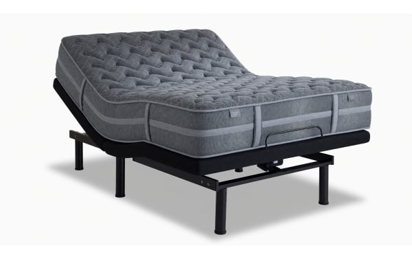 Power Bob Elite Base with Treasure 11.5'' Queen Dual Mattress featuring adjustable black metal base, breathable quilted knit cover, gel-infused foam layers, and USB ports for customizable comfort and tech charging.
