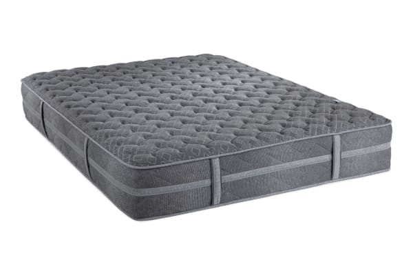King-size Power Bob Ultra Base with Treasure 11.5'' Extra Firm Mattress in gray, featuring quilted knit cover, reinforced edges, and ergonomic coil system for firm support.