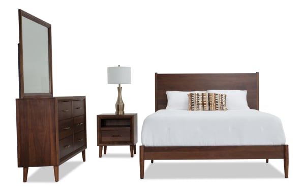 Bettie 4 Piece Full Brown Platform Bedroom Set in mid-century modern style with MDF, veneers, sleek tapered legs, brass hardware, and retro wood finish.