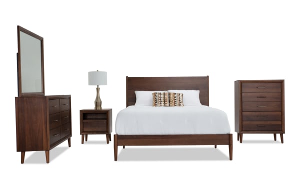Bettie 5 Piece Full Brown Platform Bedroom Set with mid-century modern MDF and veneer wood, featuring sleek legs, brass hardware, dresser mirror, nightstand, and chest.