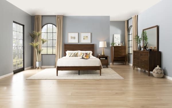 Mid-century modern Bettie 5 Piece Full Brown Platform Bedroom Set with MDF, veneer wood, sleek tapered legs, brass hardware, and retro style.