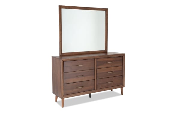Mid-century modern Bettie 5 Piece Full Brown Platform Bedroom Set with MDF, veneers, sleek legs, brass hardware, and retro-chic style mirror.