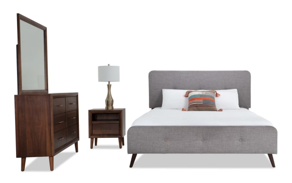 Bettie 4 Piece King Bedroom Set in gray fabric polyester upholstery with mid-century modern style, featuring sleek wooden legs, brass hardware, and MDF veneer construction. Includes upholstered platform bed, six-drawer dresser with mirror, and nightstand with drawer and lamp.