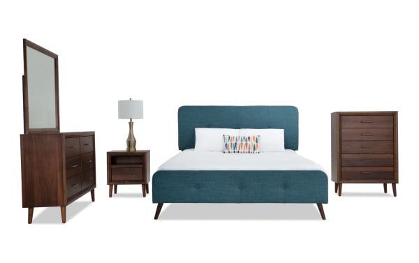 Bettie 5 Piece Full Brown & Teal Upholstered Platform Bedroom Set in mid-century modern style with teal polyester fabric bed, brown MDF and veneer wood, brass hardware, and sleek tapered legs.