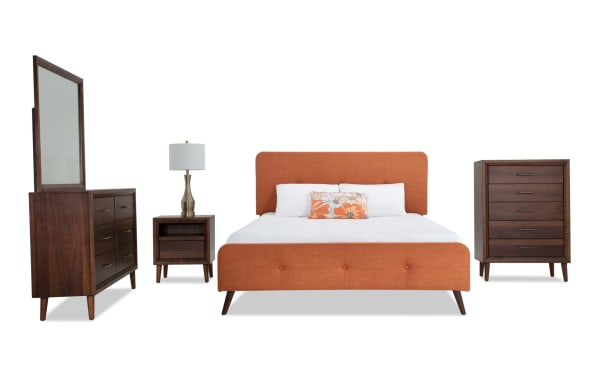 Bettie 5 Piece King Bedroom Set in russet fabric upholstery with mid-century modern design, featuring sleek tapered legs, brass hardware, and MDF veneers.